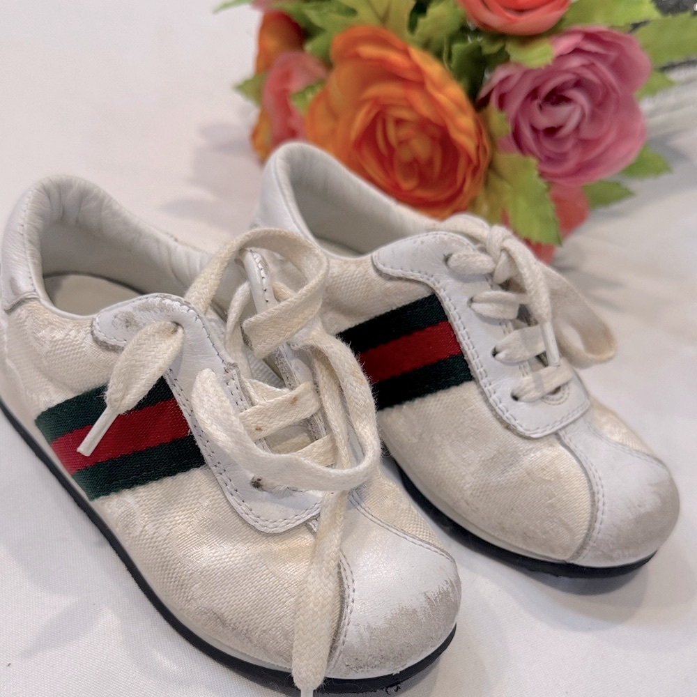 Authentic Toddler White Sneakers with Red and Green Stripes - Picture 2 of 14